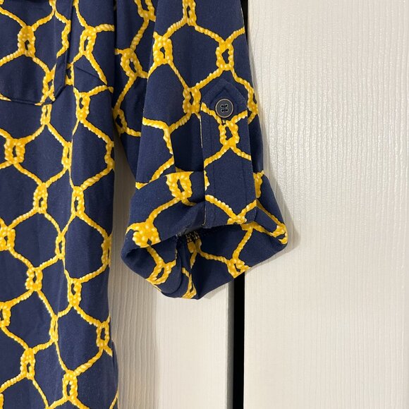 J.McLaughlin Navy Gold Chain Print Button Front Top Roll Tab Sleeve Small EUC - Picture 2 of 6